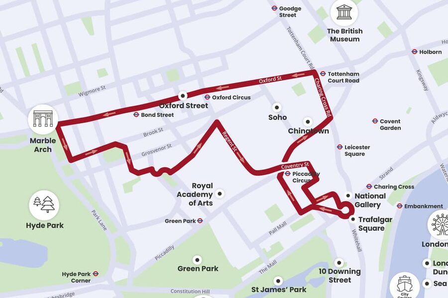 London: Tootbus Christmas Lights Tour incl walking tours - Where the tour starts and how the 1-hour loop feels